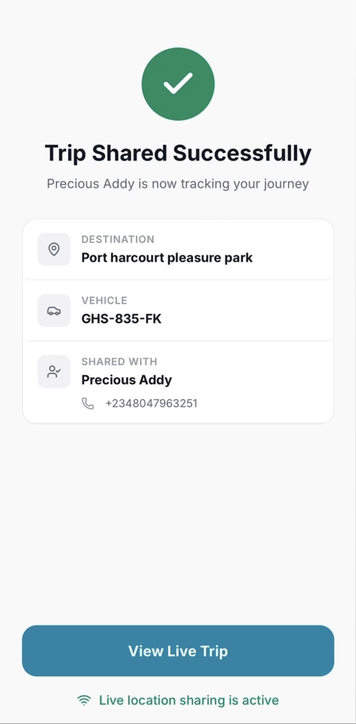 SafeCommute trip shared confirmation screen